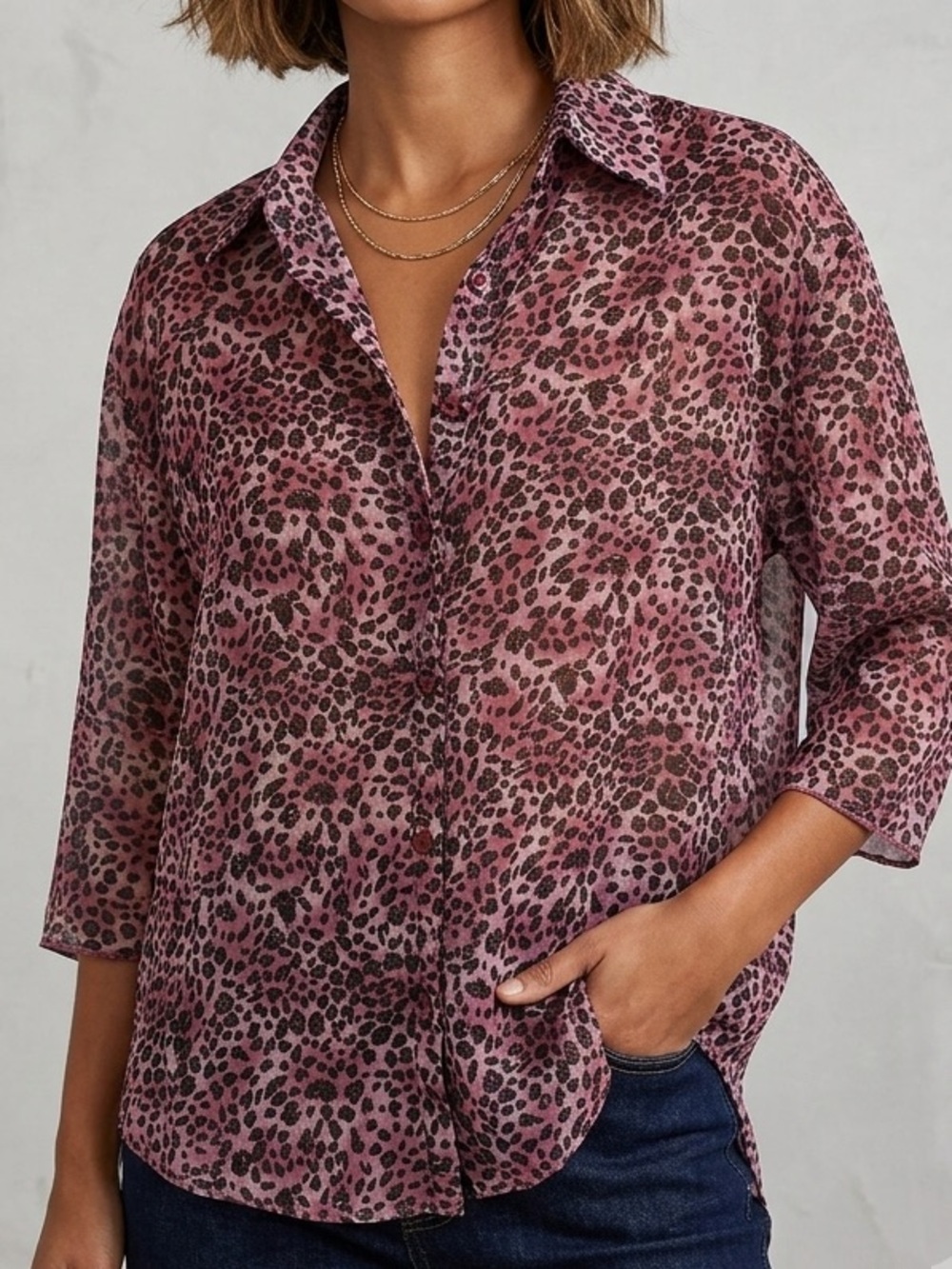 Casa Donna Y2K Leopard Print Sheer Button-Down Shirt Size Large XL